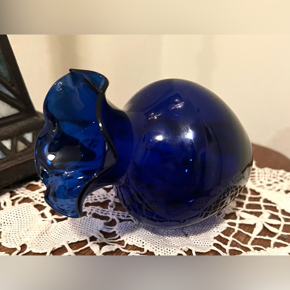 Vintage MCM Cobalt Blue Art Glass Vase • Black Ruffled Rim 4.5” - Picture 3 of 7